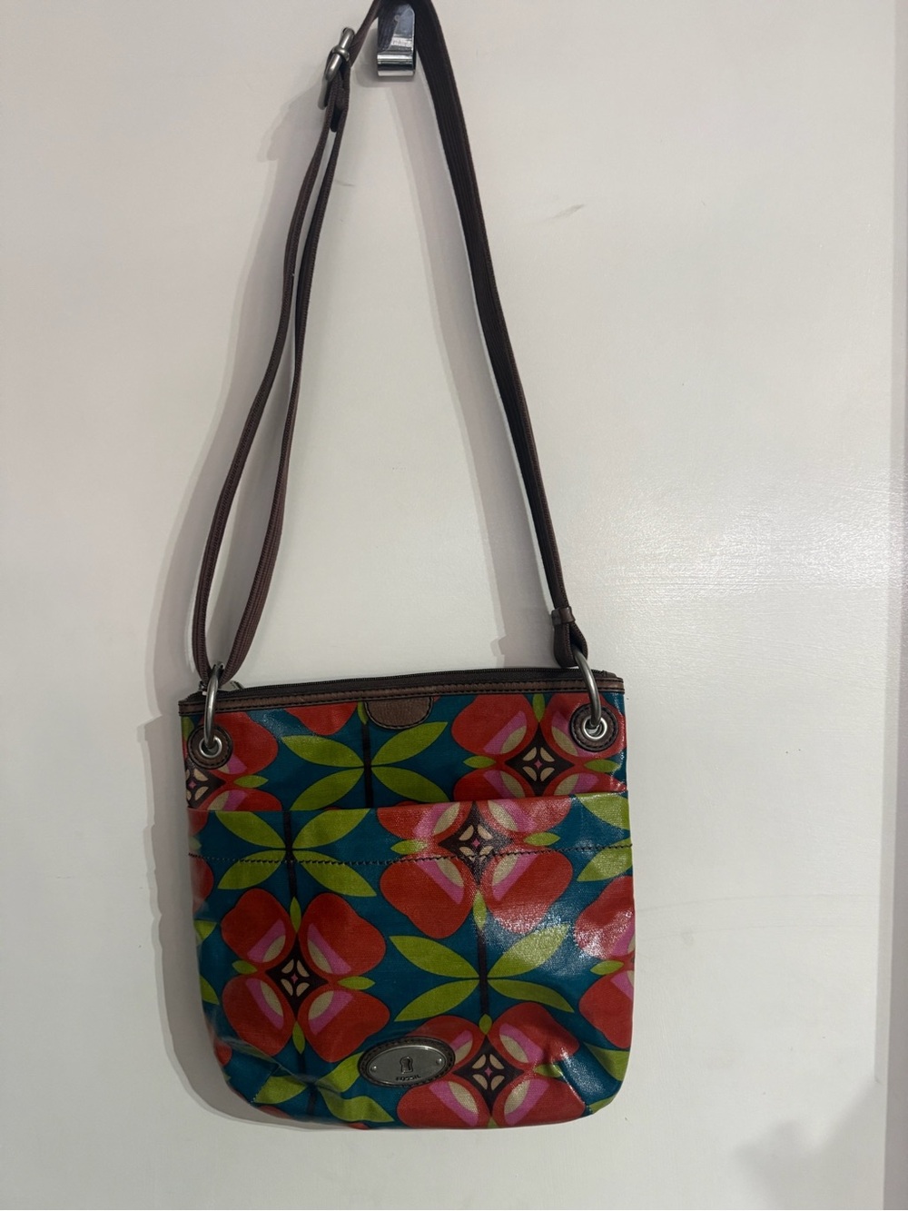 Fossil Multicolor Floral Pattern Crossbody with Brown leather Strap